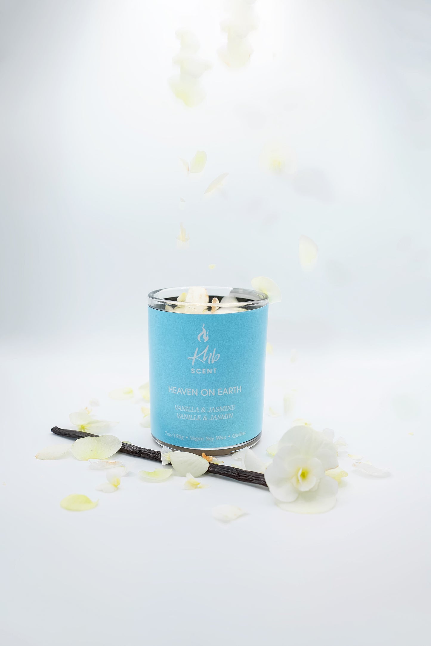 KHB SCENT Heaven on Earth Vanilla Jasmine Candle Deal in a stylish blue container with floral accents