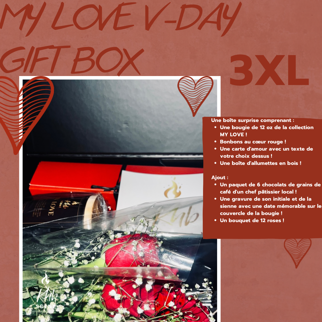 KHB SCENT Romantic Vegan Candle Box featuring a candle, chocolates, and a dozen red roses for a special occasion