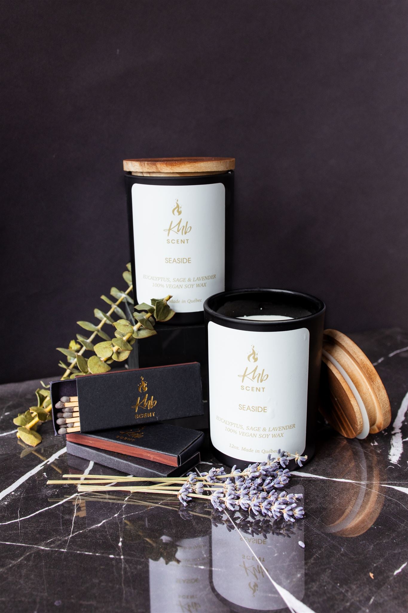 KHB SCENT wooden matches for candles with lavender accents and decorative jar candles