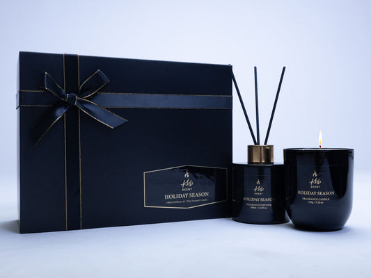 Holiday Season Shangrila Gift Set: Scented Candle & REED Diffuser in elegant black packaging