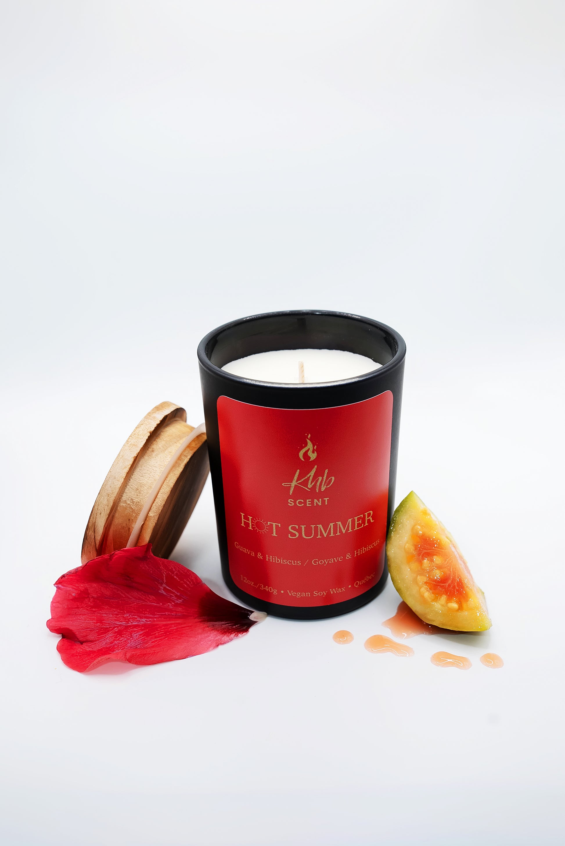 KHB SCENT Hot Summer Vegan Candle Deal in black jar with wooden lid and tropical fruit accents